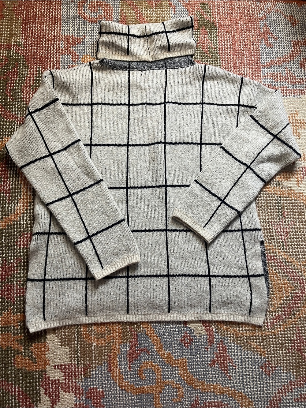 Madewell Windowpane Turtleneck Sweater Medium Cream Black Grid Knit - Picture 7 of 7